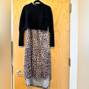 All Saints Black and Leopard Print Midi Dress